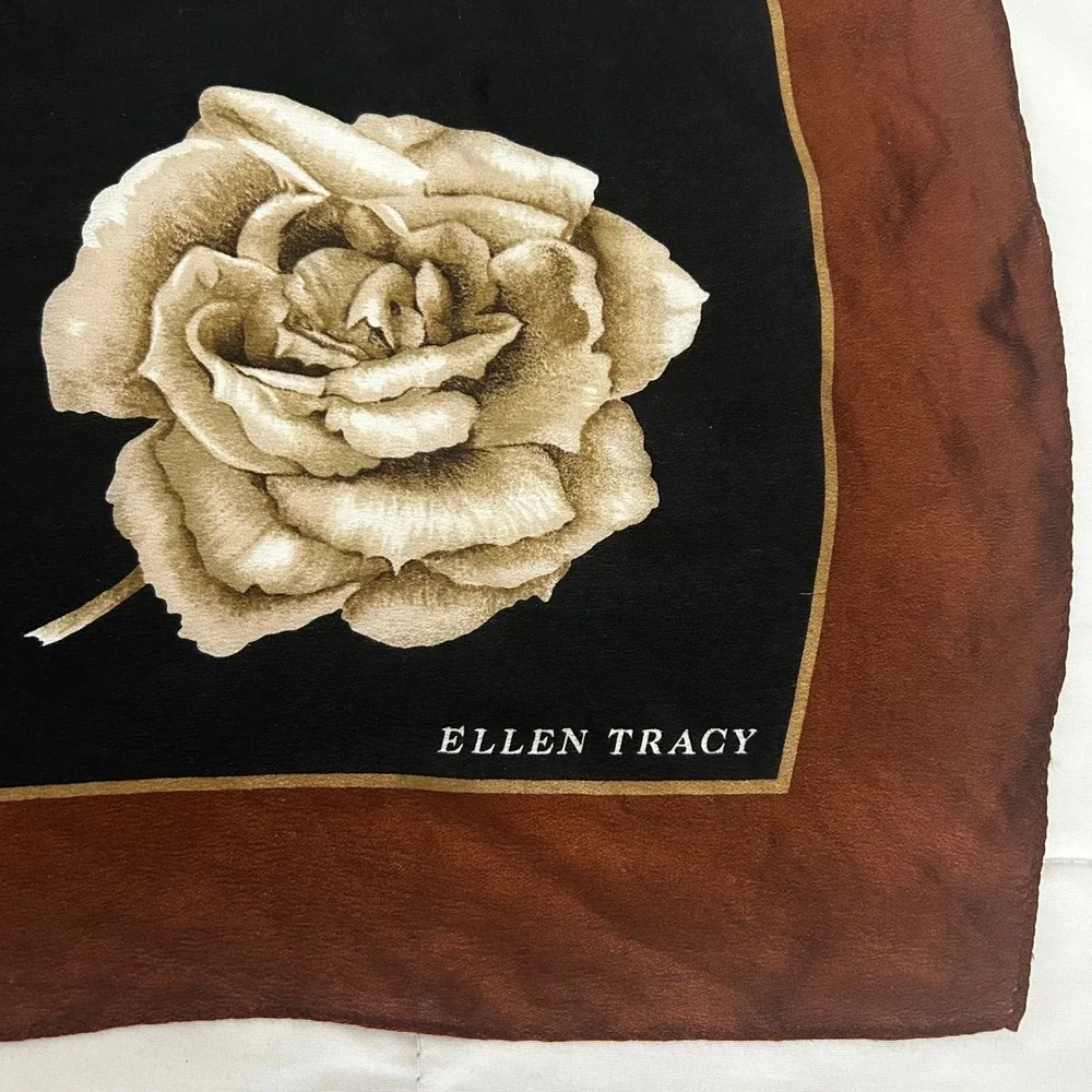 Ellen Tracy Silk Scarf Black Brown Floral Rose Print Square Large 32in Old Money